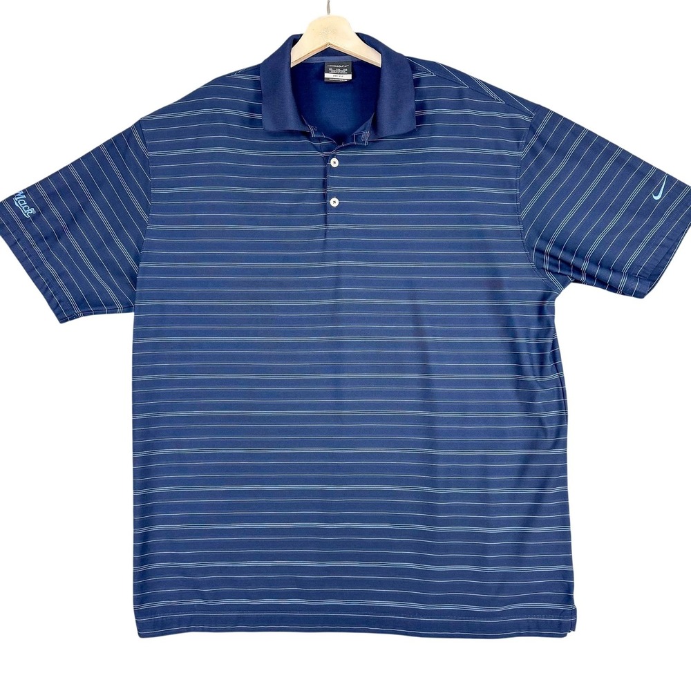 Nike Golf Polo Shirt Mens 2XL Blue Stripe Dri-FIT Mack Trucks‎ Logo Performance